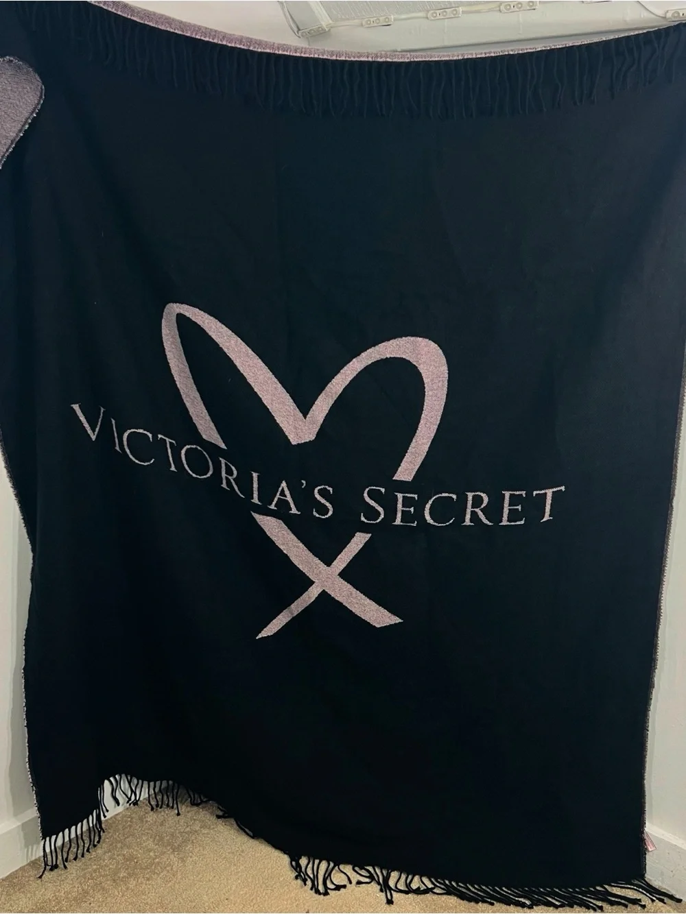 Victoria's Secret Black Throw Blanket With Pink Detail Heart Logo Fringe On Ends